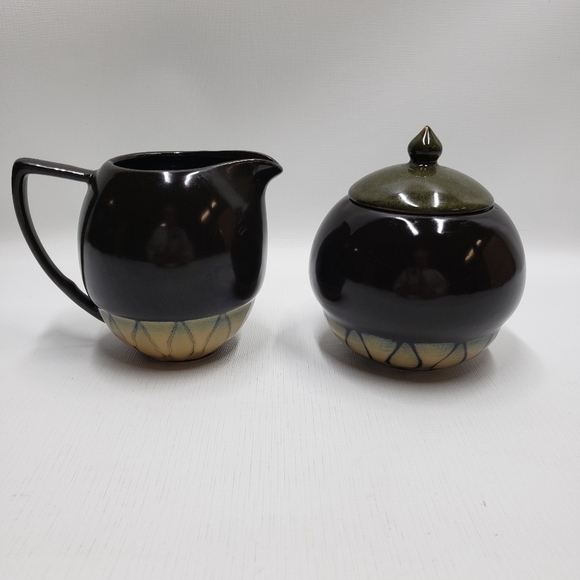 Tannex Stoneware Creamer Sugar Bowl Brown Green Tan - Picture 2 of 12